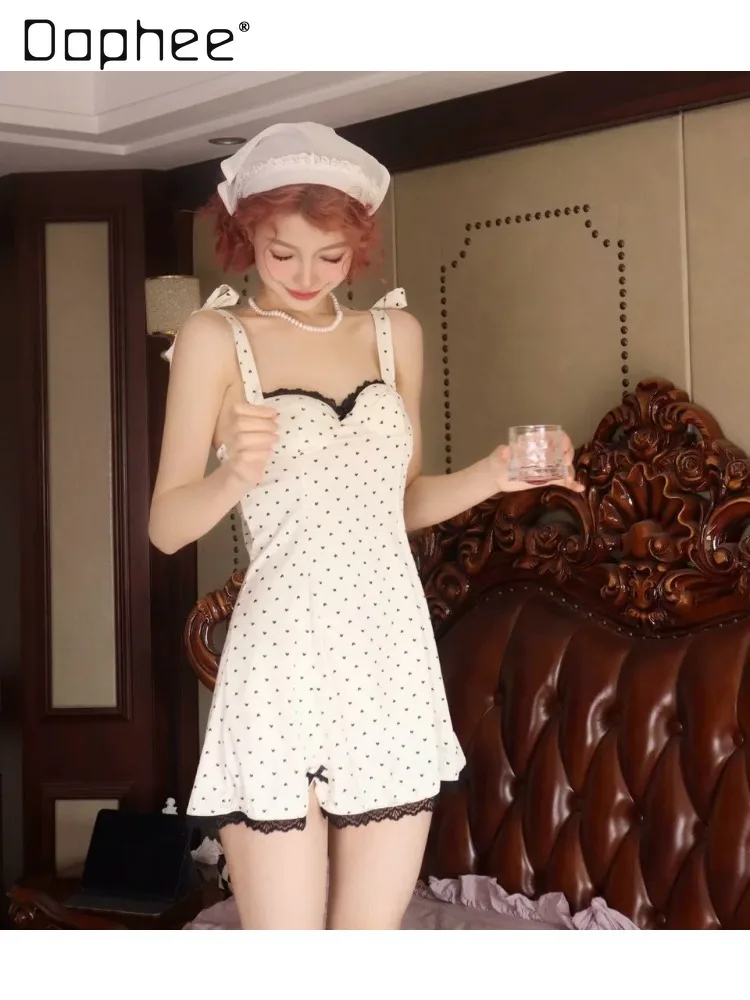 French Pure Desire Girl Style Polka Dot Suspender Nightdress Bow with Chest Pad Pajamas Lace Loose Casual Women's Loungewear