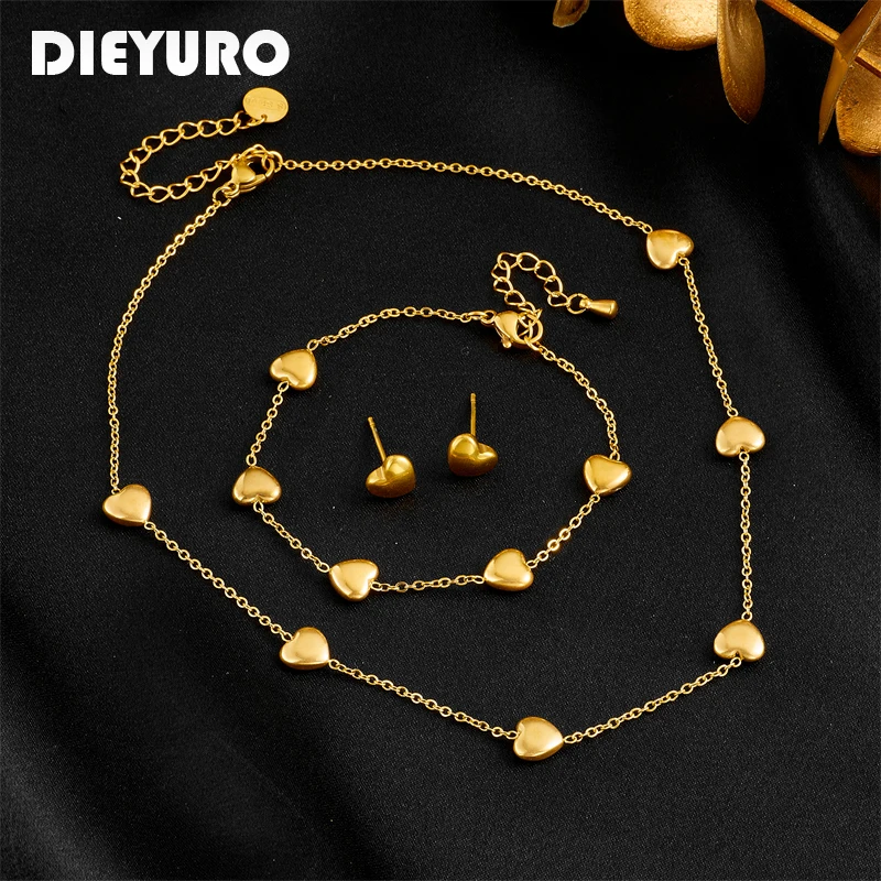 DIEYURO 316L Stainless Steel Gold Color Heart Love Necklace Bracelet Earrings For Women Girl Fashion Jewelry Set Holiday Gift