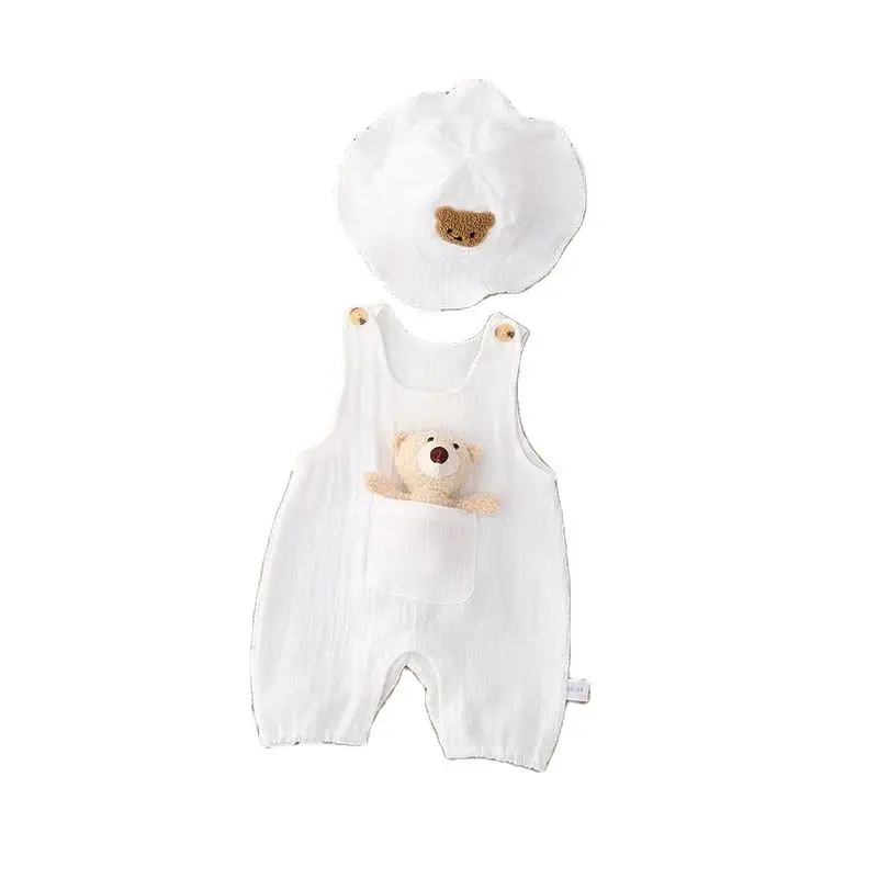 2024 Summer Solid White Breathable Linen Infant Baby Overall Rompers with Doll and Hat 3pcs Unisex Baby Sunscreen Jumpsuits