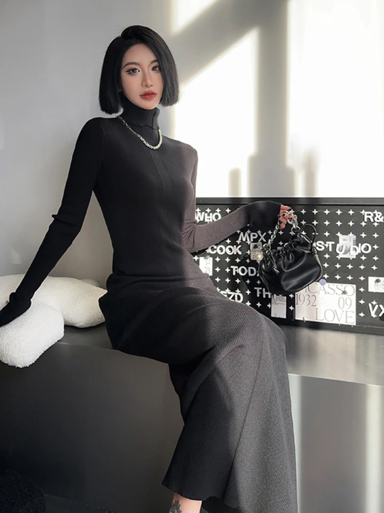 Long Sleeve Dresses Women Turtleneck Knitted Tender Slimming Sweater Basic Solid Simple All-match Temperament Ulzzang Streetwear image 4