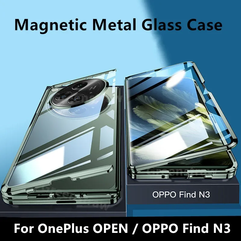 

Alloy Metal Frame Bumper Magnetic Flip Case For OnePlus OPEN OPPO Find N3 Anti-Spy Privacy HD 9H Tempered Glass Protector Cover