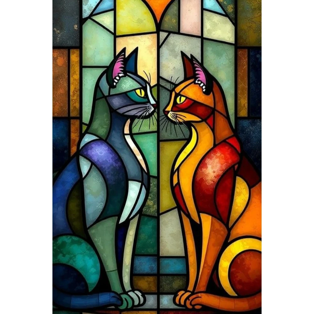 DIY Stained Glass Two Color Cats Window Diamond Painting Mystical Fantasy Modern Wall Decoration for Living Room Bedroom