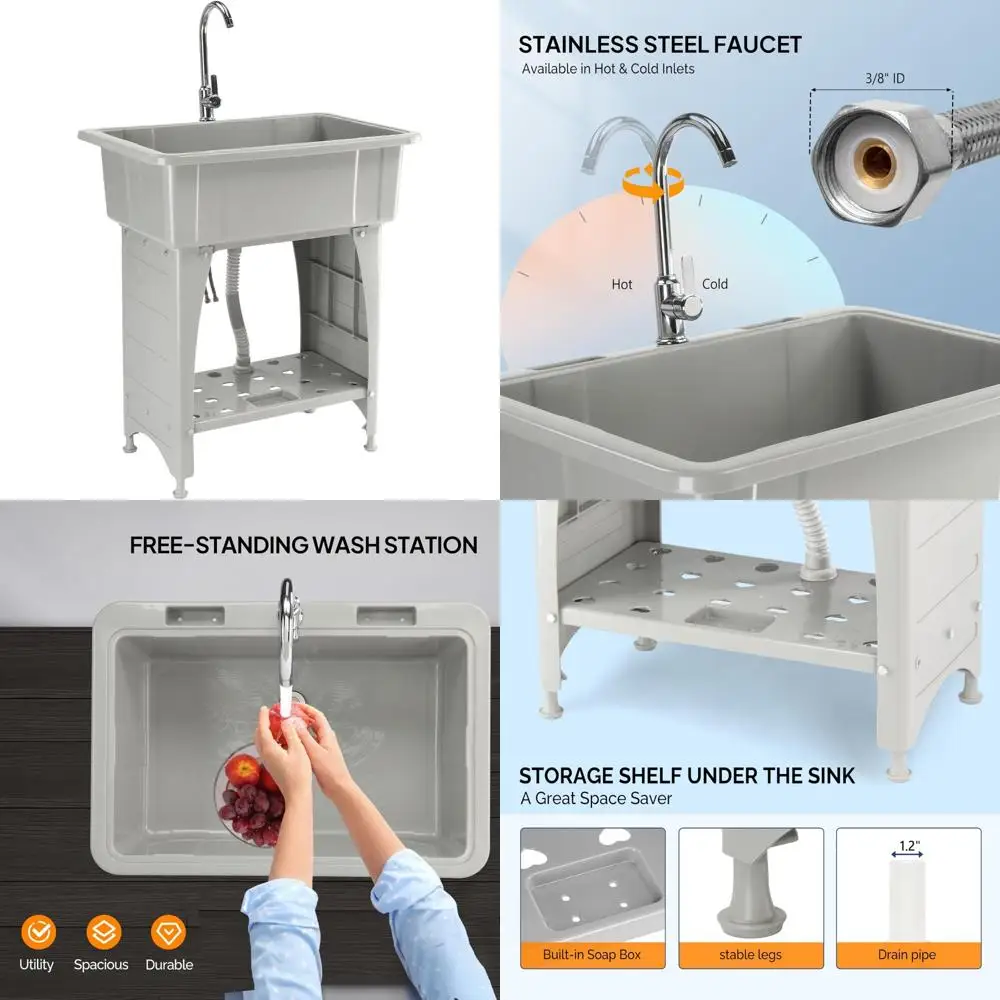 

20 Gallon Black Plastic Utility Sink with Hot and Cold Faucet, 150lbs Load Capacity, Upgraded Height, Ideal for Laundry and Clea