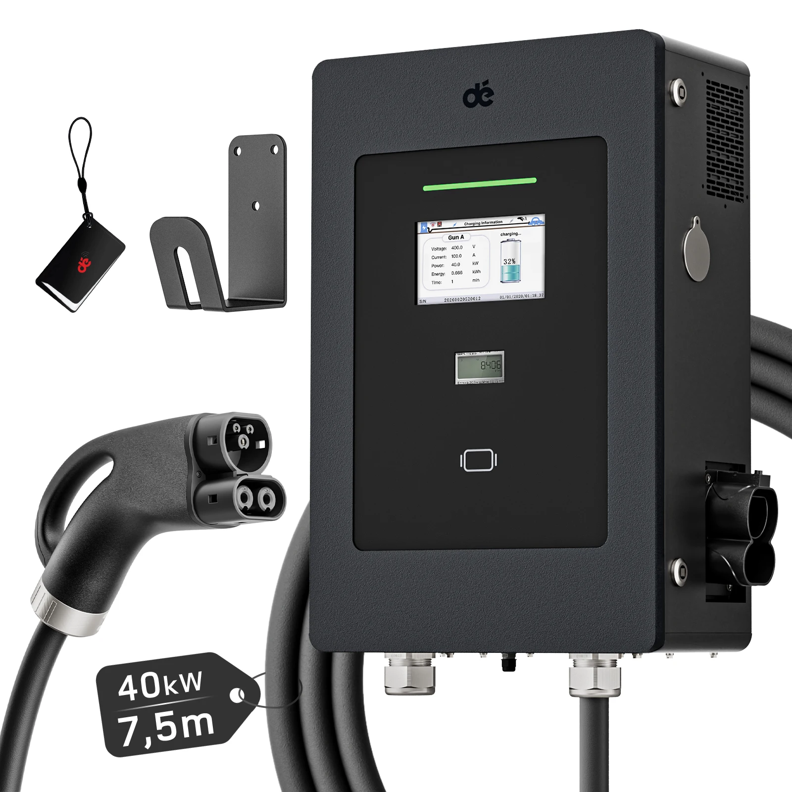 dé Borne de recharge rapide DC 40 kW pour véhicules électriques, 400 V triphasé avec CCS2, câble de 7,5 m, écran tactile 7 pouces, OCPP 1.6J, WiFi, 4G, RCD A/B, CE, pour voiture électrique