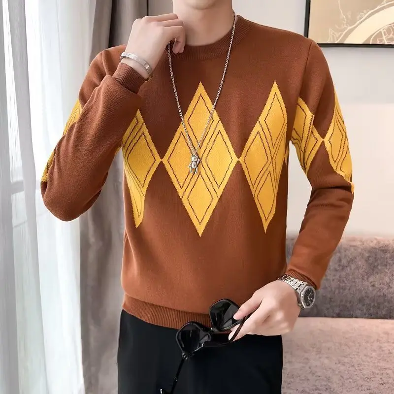 

Men's Autumn Winter Solid Pullover Round Neck Geometric Shape Paisley Long Sleeve Sweater Knitted Fashion Casual Undershirt Tops