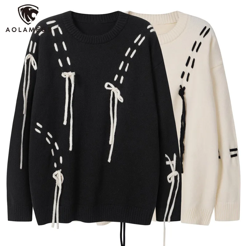 Men's Sweaters Harajuku Fashion Design Sense Pullover Tops Casual Loose Trend Streetwear Unisex Couple Model Sweater Black White