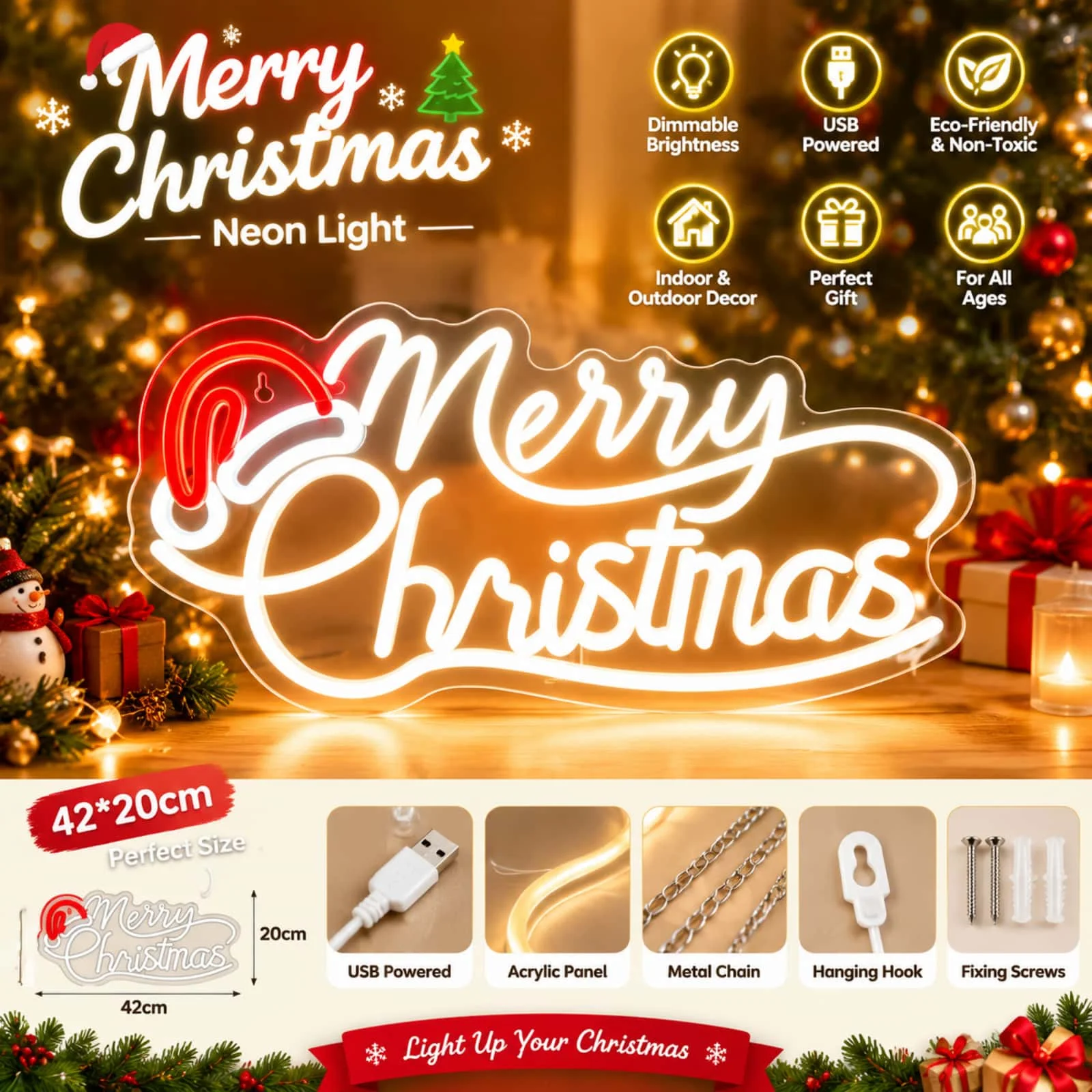 Merry Christmas Neon Sign LED Script Letter Light with Red Decor Christmas Decor for Home Shop Window Wall Xmas Party Decorations Gift