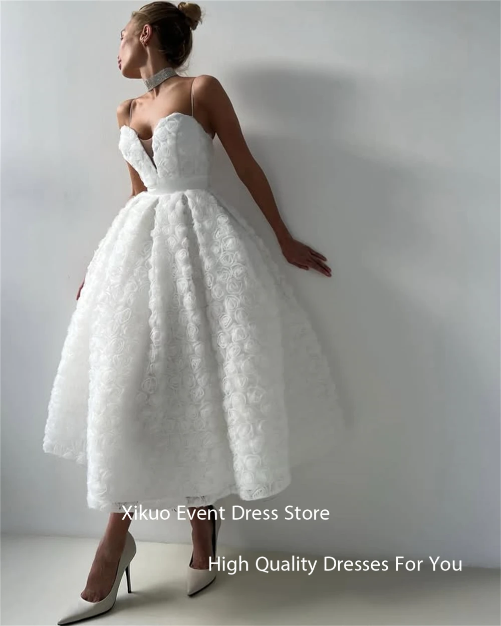 Xikuo 우아한 Tulle 이브닝 가운 Sweetheart 3D 꽃 파티 댄스 파티 드레스 라인 스파게티 스트랩 Pleated 연예인 가운 맞춤형