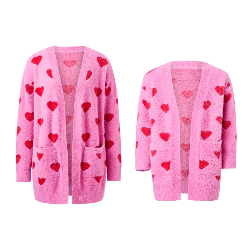 Mother and Daughter Cardigan Tops, Family Matching Long Sleeve Open Front Heart Sweater Coat with Pockets