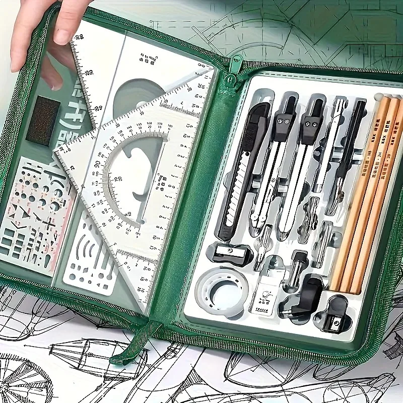 Premium Precision Drafting and CAD Design Set with Compass Protractor Straightedge Parallel Bar