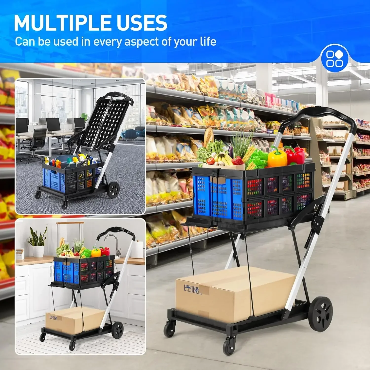 Folding Shopping Cart, Collapsible Shopping Cart with Wheels, Adjustable Foldable Portable Trolley, Grocery Shopping Cart with R
