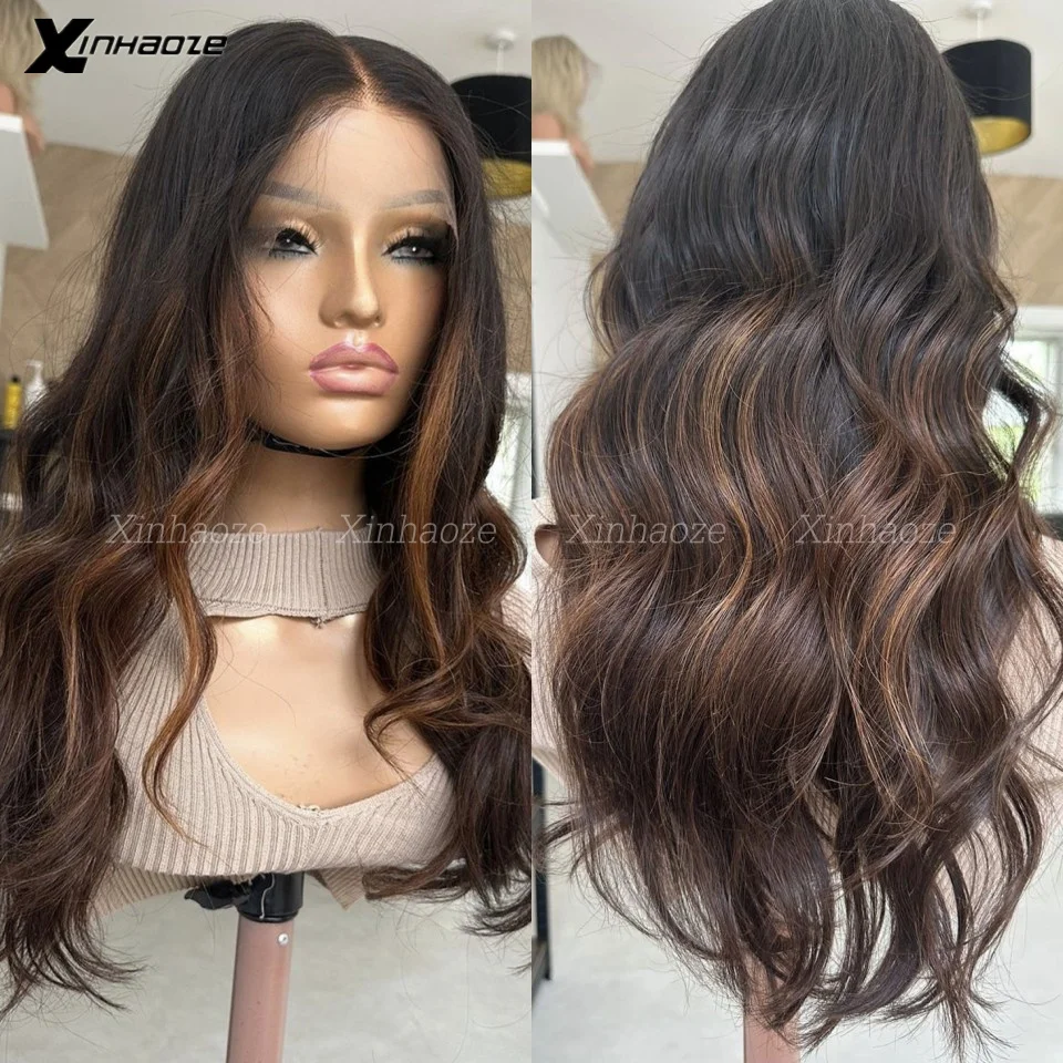 

Highlight Long Brown 5x5 Silk Base Wave Human Hair Wig With Baby Hair HD Lace Glueless Preplucked 360/13x6 Lace Frontal Wigs