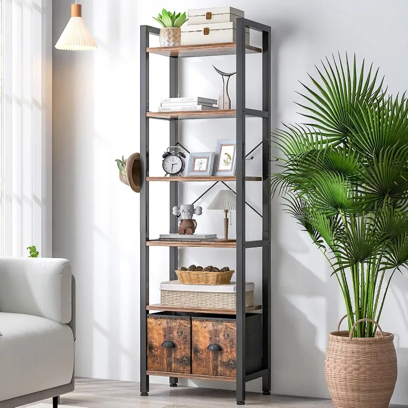 

6-Tier Bookshelf with 2 Storage Drawers, Industrial Display Standing Shelf, Rustic Wood Storage Shelf with Metal Frame