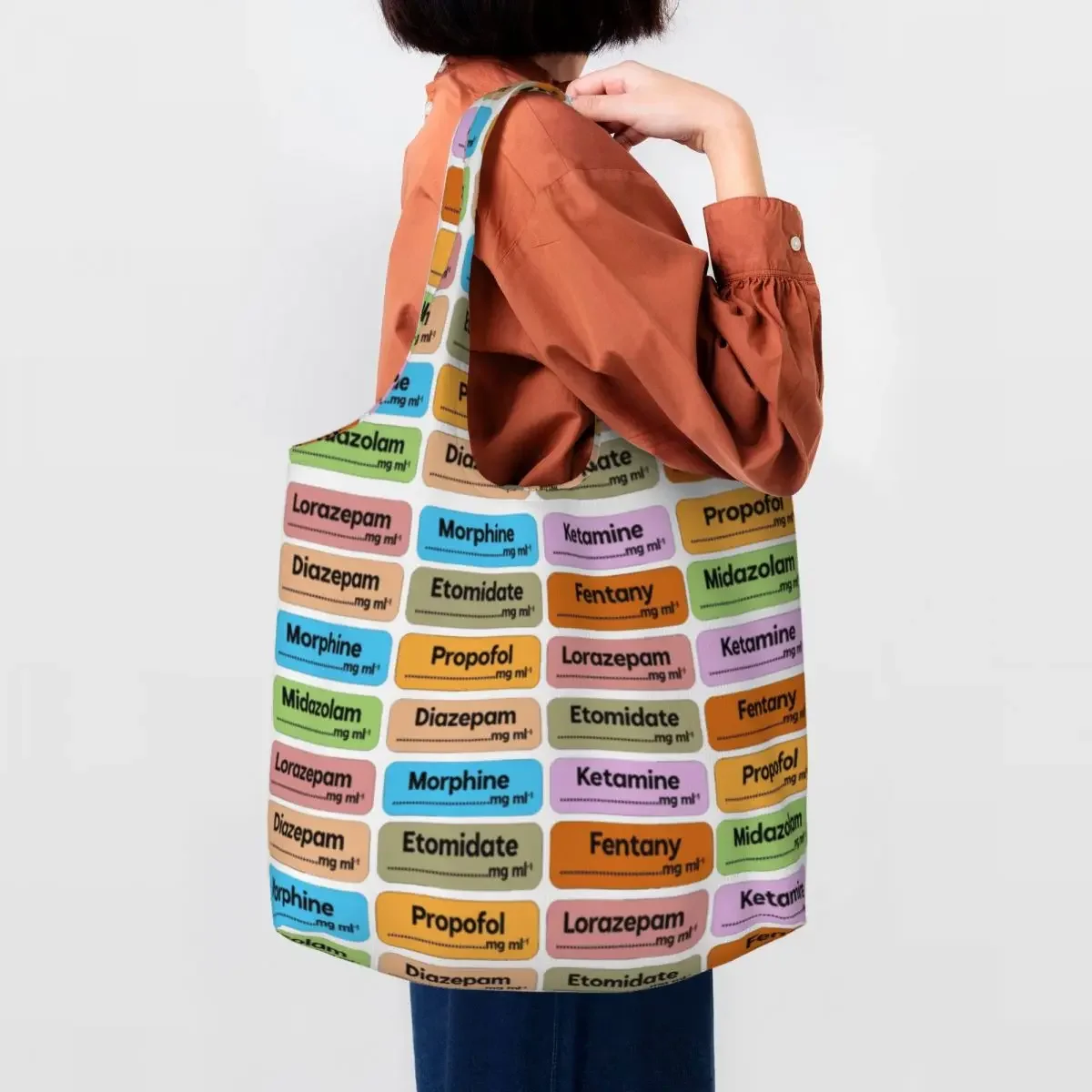 Custom Anesthesia Drugs Color Syringe Labels Doctors Nurses Hospital Shopping Tote Bags Durable Canvas Shoulder Shopper Handbag