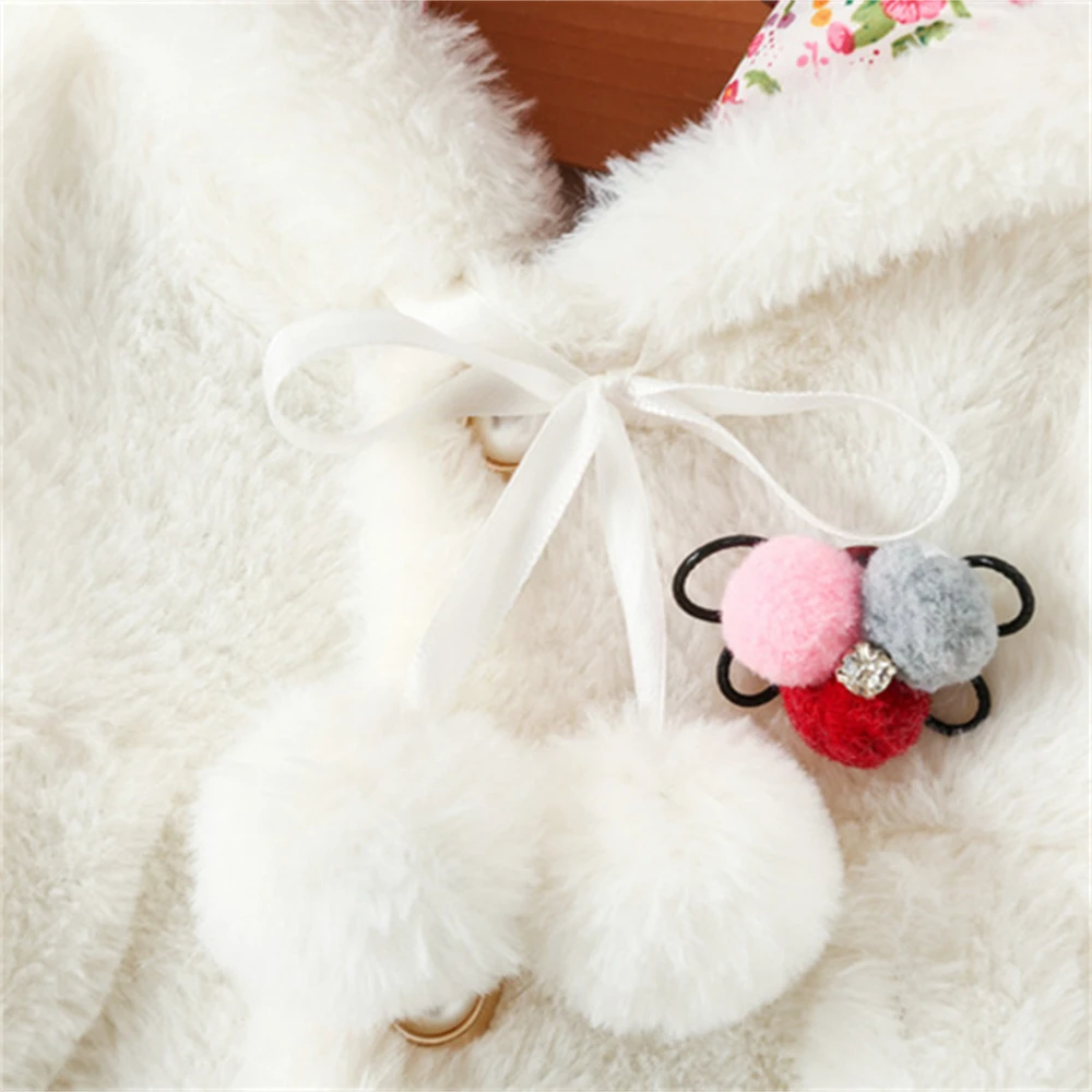 Winter Girls\' Woolen Sweater Jacket Baby Girls\' Solid Color Strap Butterfly Bow Ball Cartoon Hooded Jacket