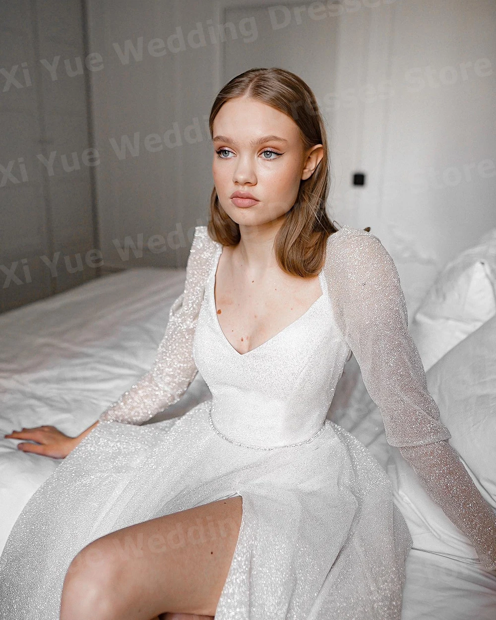 반짝이는 A라인 여성 웨딩드레스 V넥 긴팔 베스티도 데 노비아스 데 보다 신부 가운 맞춤 사이드 슬릿 베스티도
