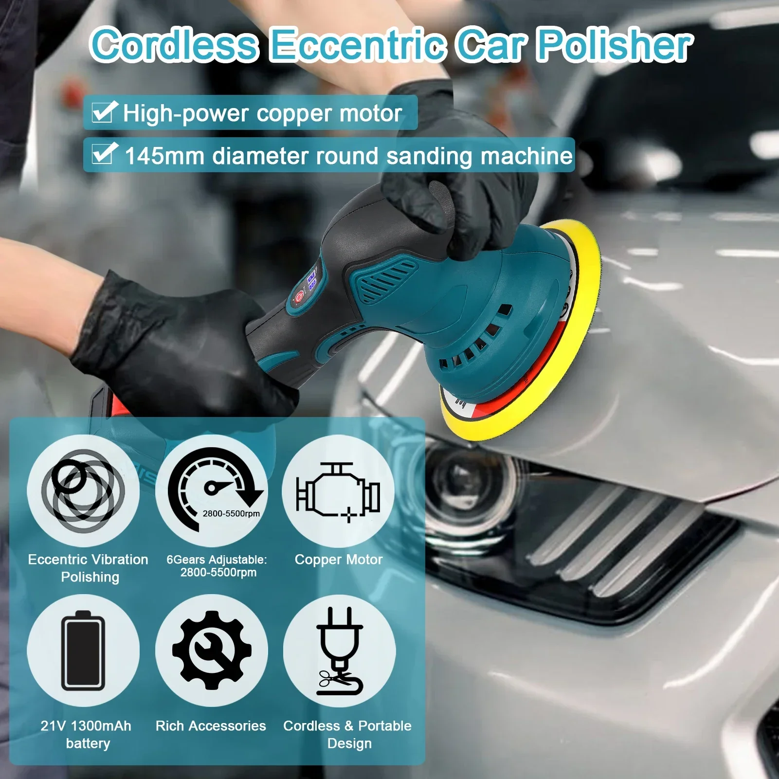 21V Cordless Car Polisher 6 Gears Speed Electric Polishing Tool Multifunctional Metal Waxing Rust Removal Wood Sanding Machine