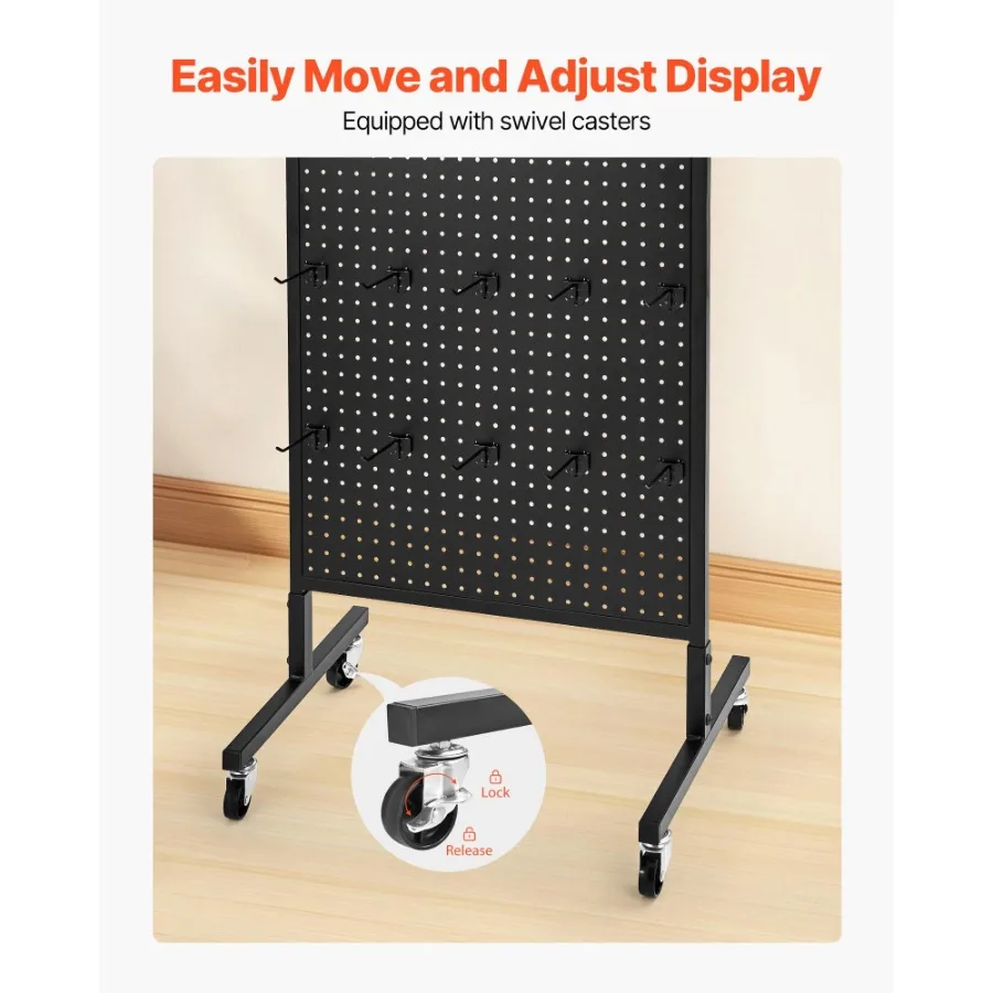 Stand Display Pegboard dengan 30 Kait Panel Pegboard Display dengan Roda Hitam