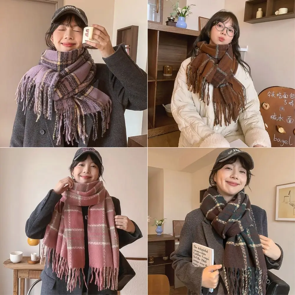 215x65cm Knitted Scarf Wool Winter Warm Thermal Neck Warmer All-match Lattice Splicing Design Thickened Shawl