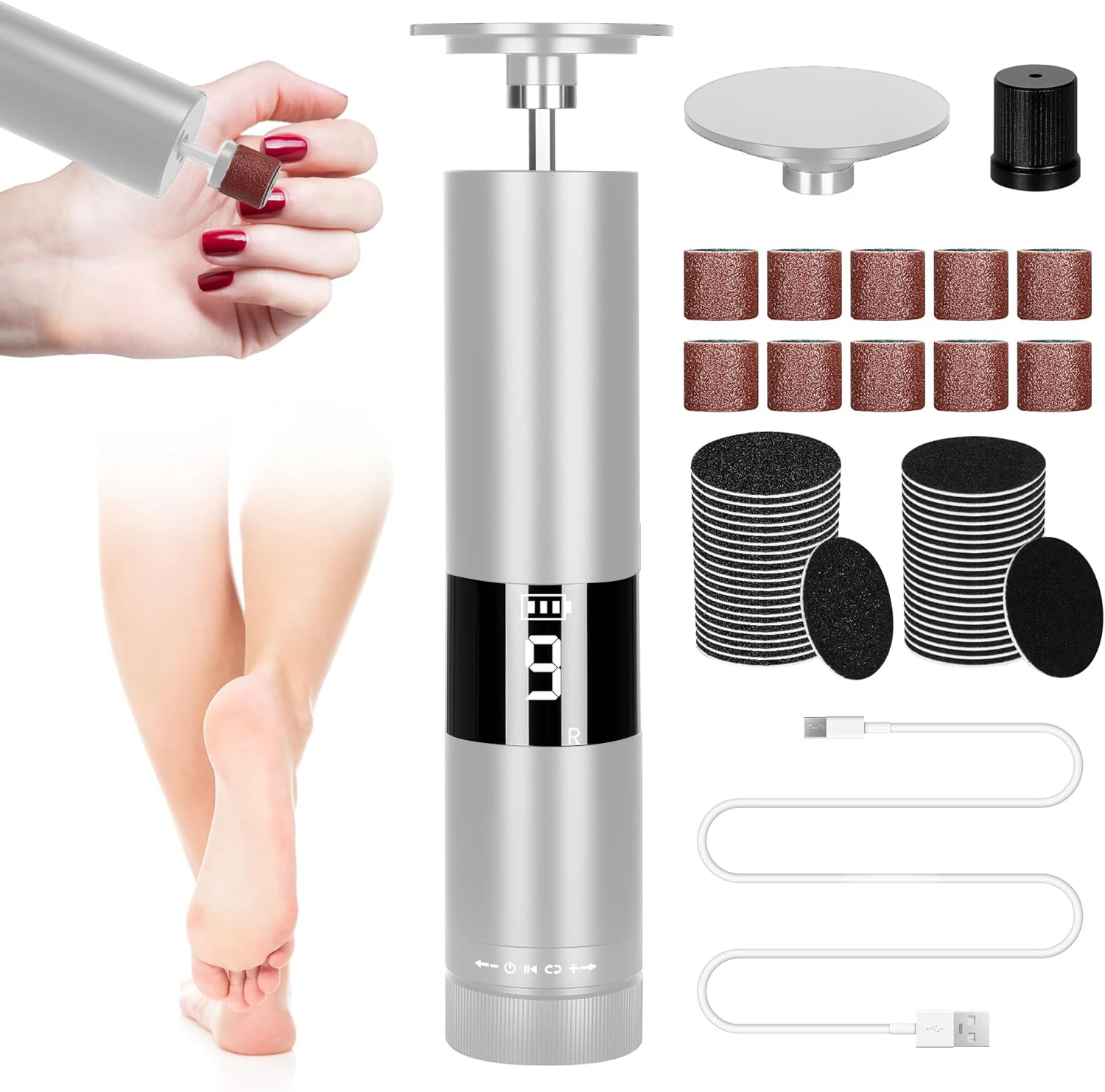 Rechargeable Electric Foot Callus Remover Cordless Electric Foot File 2 in 1 Nail Polisher Manicure & Foot Grinder
