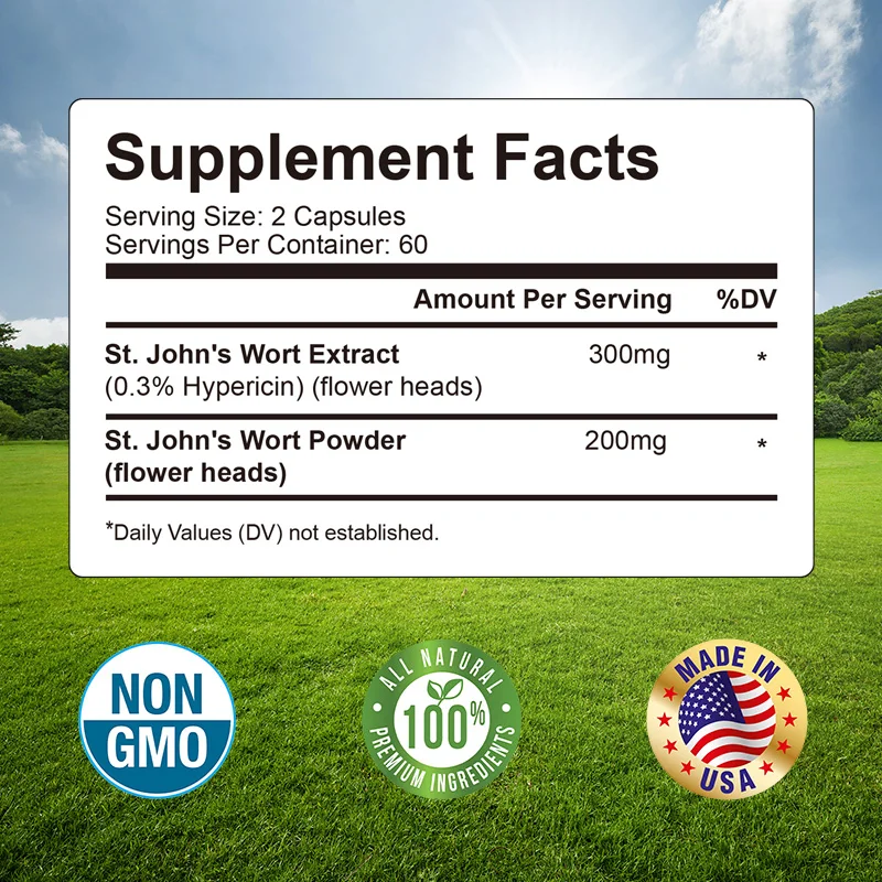 St. John\'s Wort 500mg - 0.3% Hypericin, For Stress Anxiety Depression, Gluten Free and Non-GMO