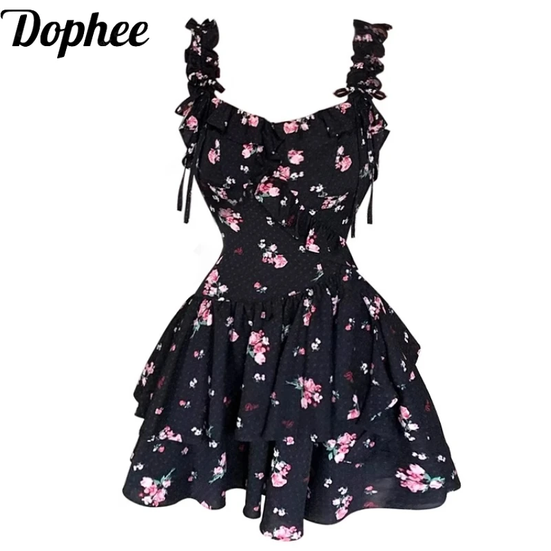 

Dophee винтажное черное платье с цветочным принтом, новинка 2023 года, летнее элегантное платье на подтяжках, короткие платья без рукавов с оборками для милых девочек