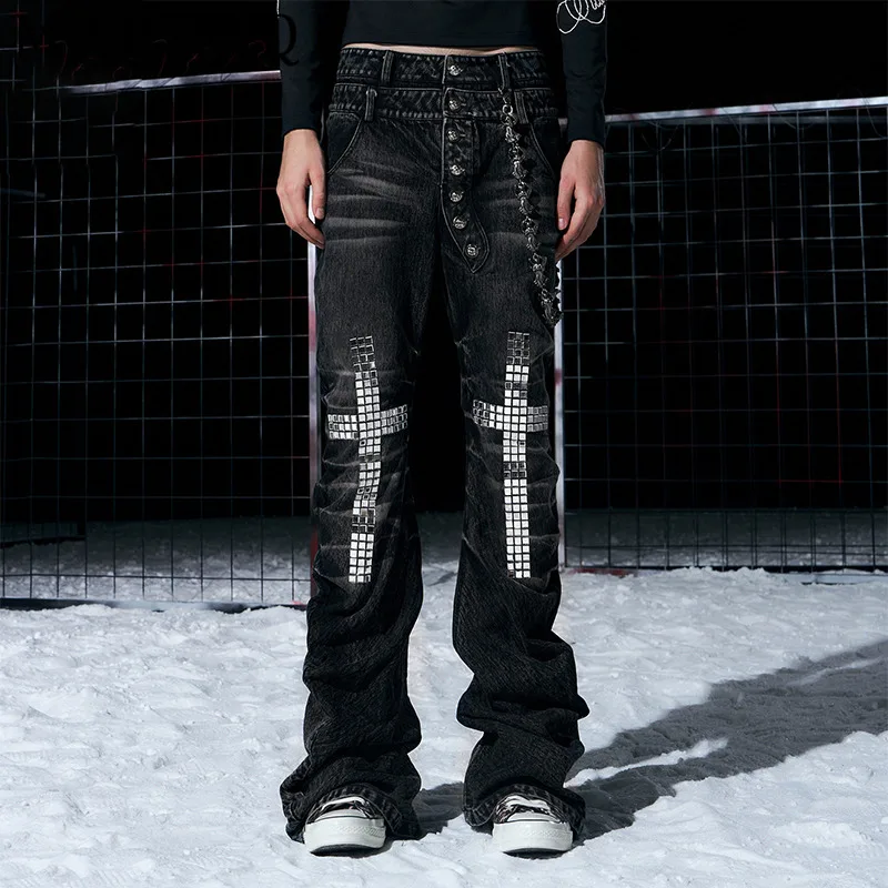 

MWJLPWQ Studded Double Waistband Jeans For Men American High Street Style Buttoned Casual Curved Pants Autumn Winter New 13758