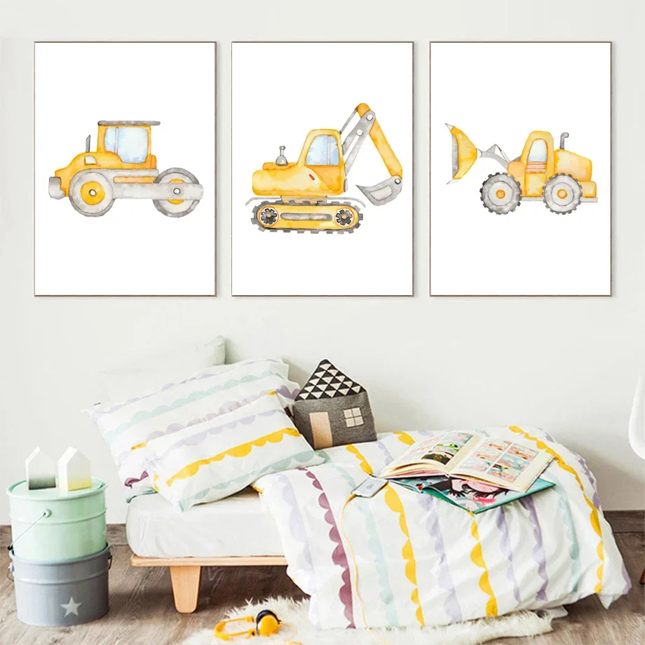 Cartoon Tractor Truck Excavator Nursery Wall Art Canvas Painting Child Posters And Prints Nordic Wall Pictures Boys Room Decor