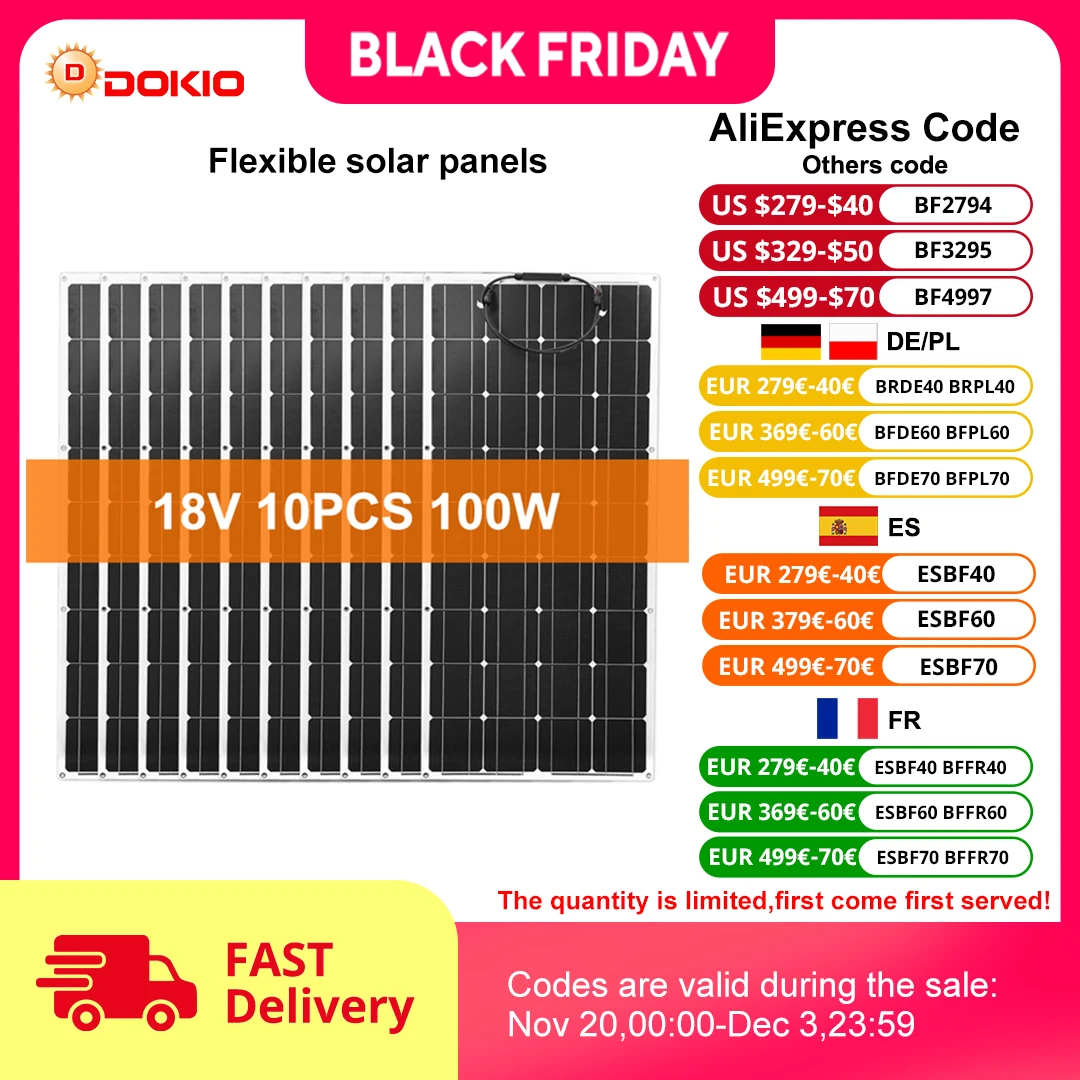 

Гибкая солнечная панель Dokio, 18 в, 10 шт., 100 Вт, монокристаллическая солнечная панель для автомобиля/дома, водонепроницаемая солнечная панель с зарядкой, 12 В, 1000 Вт