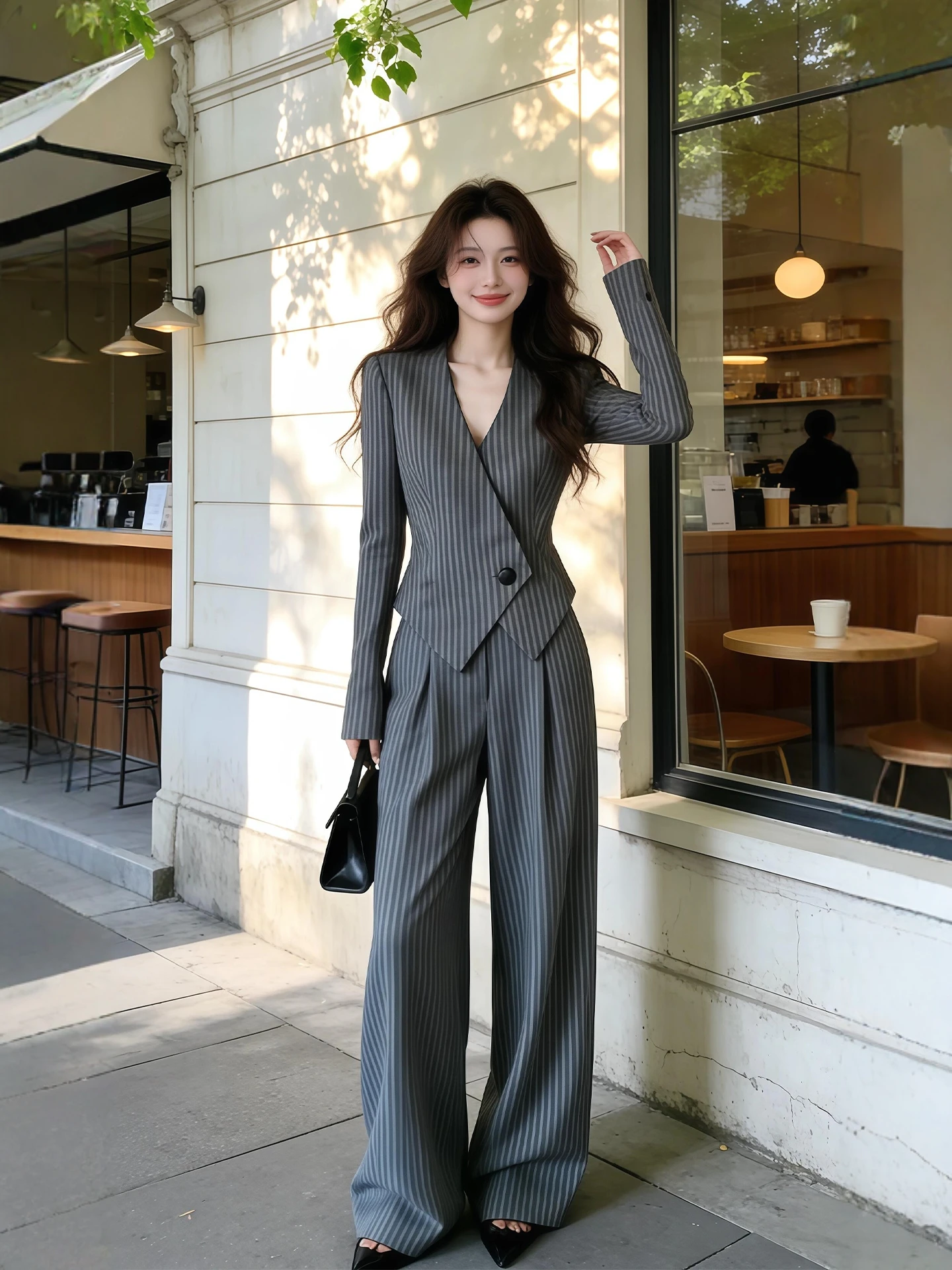 Autumn Fashion plus Size Women's Striped Jacket And Wide Leg Pants Set High Waist Professional Style Casual Wear Ensemble