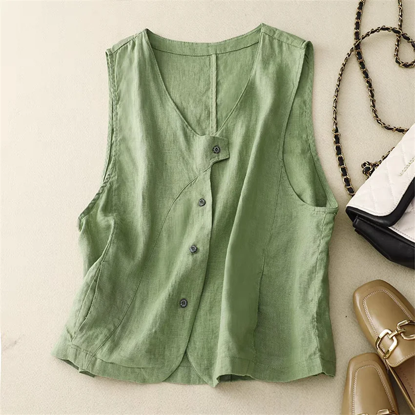 2025 New Women Cotton and linen Vest Fashion Lady V-neck Solid Vests Big Size Female Sleeveless Jacket Short Paragraph WZ2441