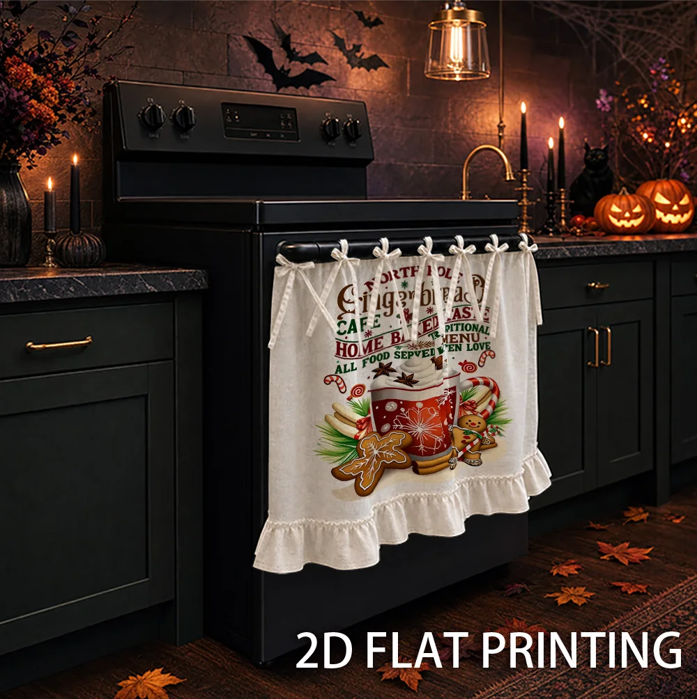 1PC kitchen stove curtain, cabinet curtain and apron. Featuring a 2D graphic design featuring gingerbread men, hot cocoa and can