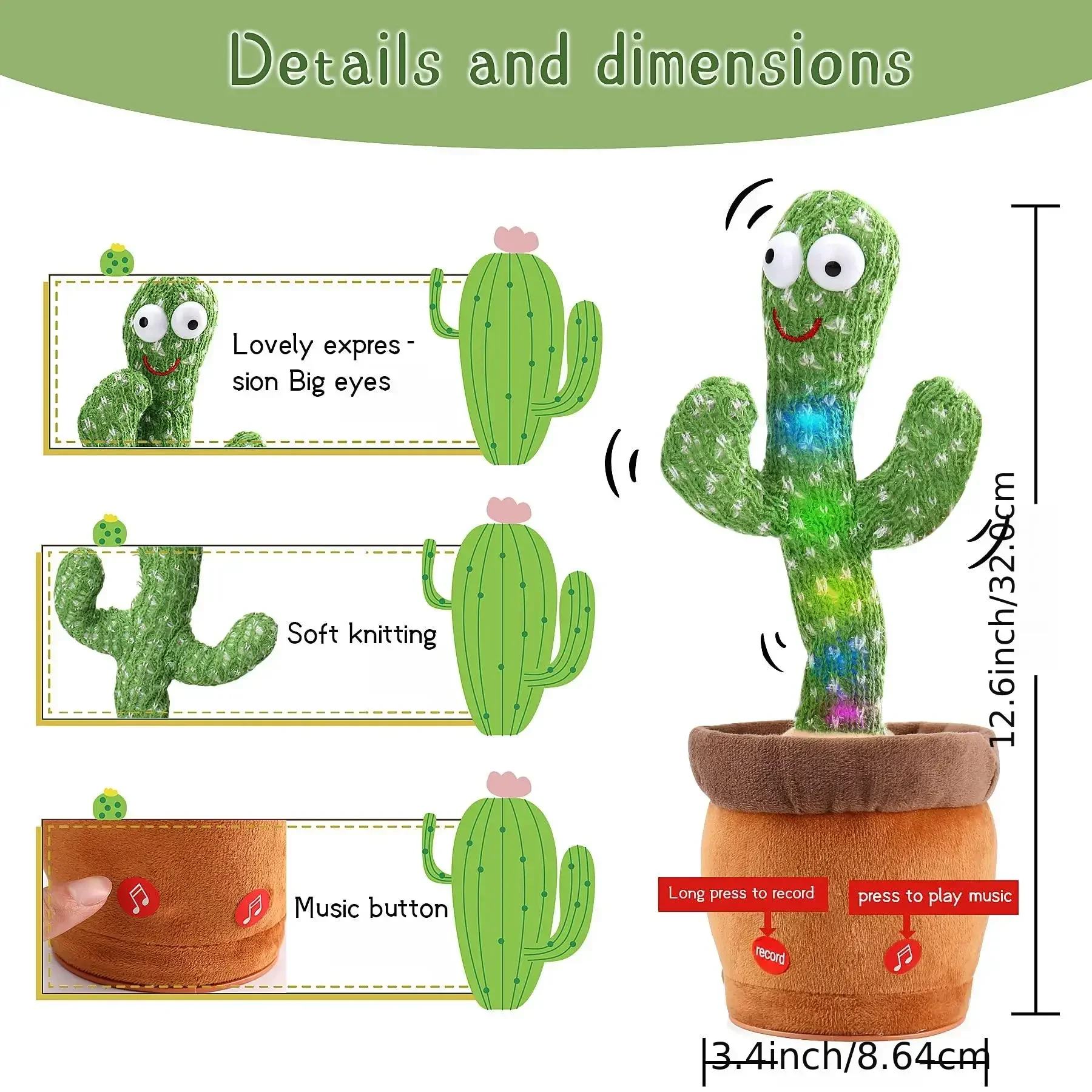 Juguetes electrónicos de peluche de Cactus, bailarina recargable, baile brillante, puede cantar, grabar, aclarar, juguete educativo para bebé, regalo divertido