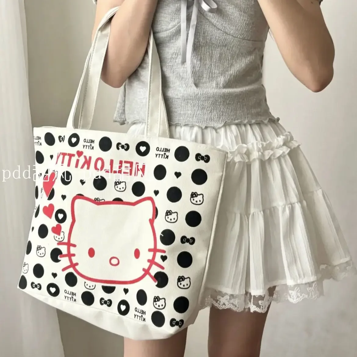 miniso Hello Kitty Shoulder Canvas Bag Kawaii Cartoon Women Cosmetic Bag Casual LargeCapacity Shopping Handbag Satchel Girl