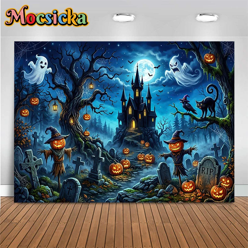 

Mocsicka Forest Castle Backgrounds For Photographs Halloween Pumpkin Party Backdrops Cemetery Decors Photo Studio Shooting Props
