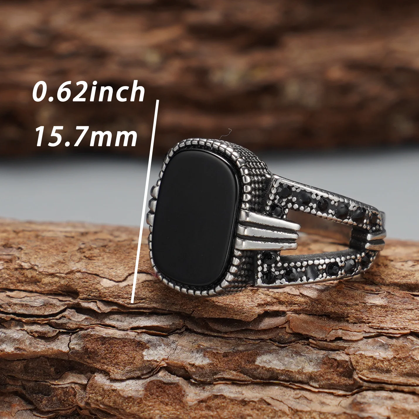 Minimalistischer Retro-Siegelring aus schwarzem Achat, hohles, geteiltes Band mit eingelegtem schwarzem Zirkon, Herrenschmuck für den Alltag – Detail 1