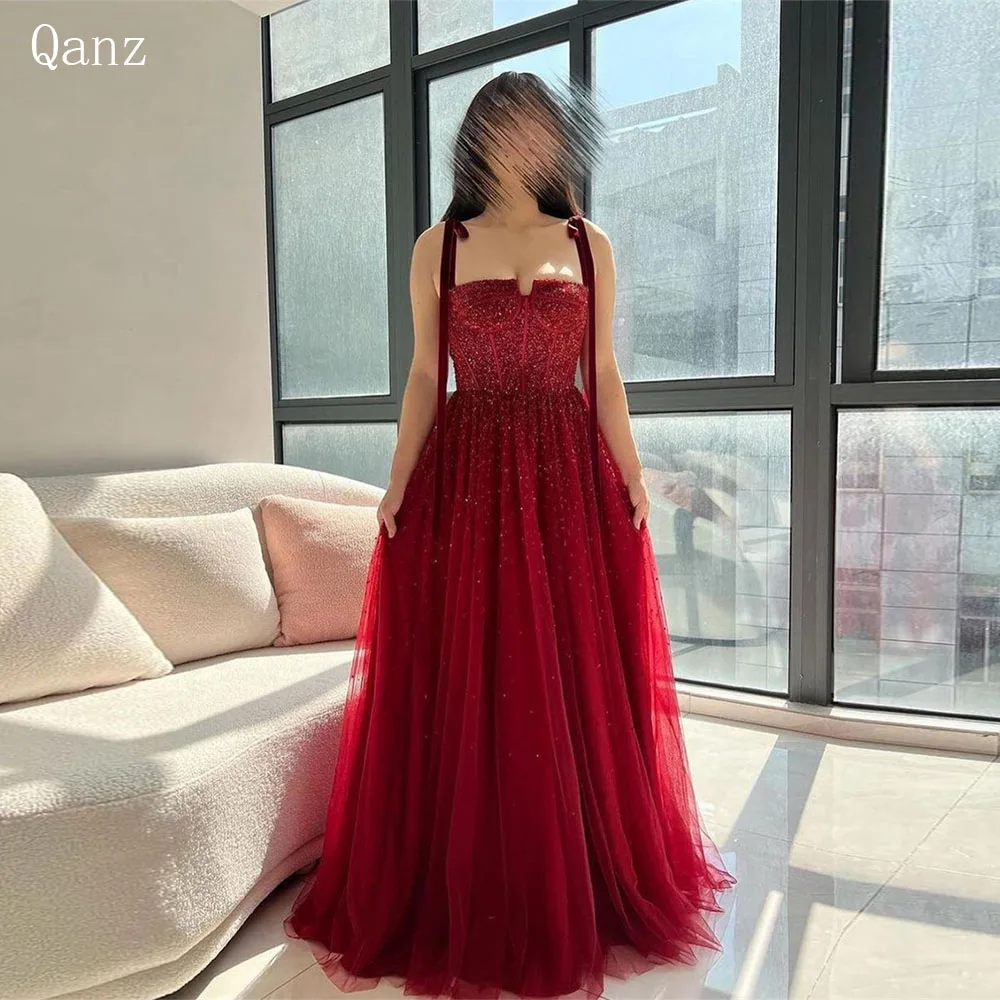 Qanz Burgundy Tulle Evening Dresses Abendkleider Dubai Bow Straps Sequined Long Formal Dresses For Women Party Dresse Customized