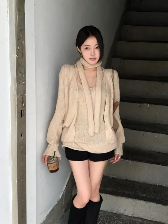 Women's Knitted Cardigan with Belt Fall Winter New Style Inner Matching Strap Dress Two-Piece Set Gentle Atmosphere Sensation