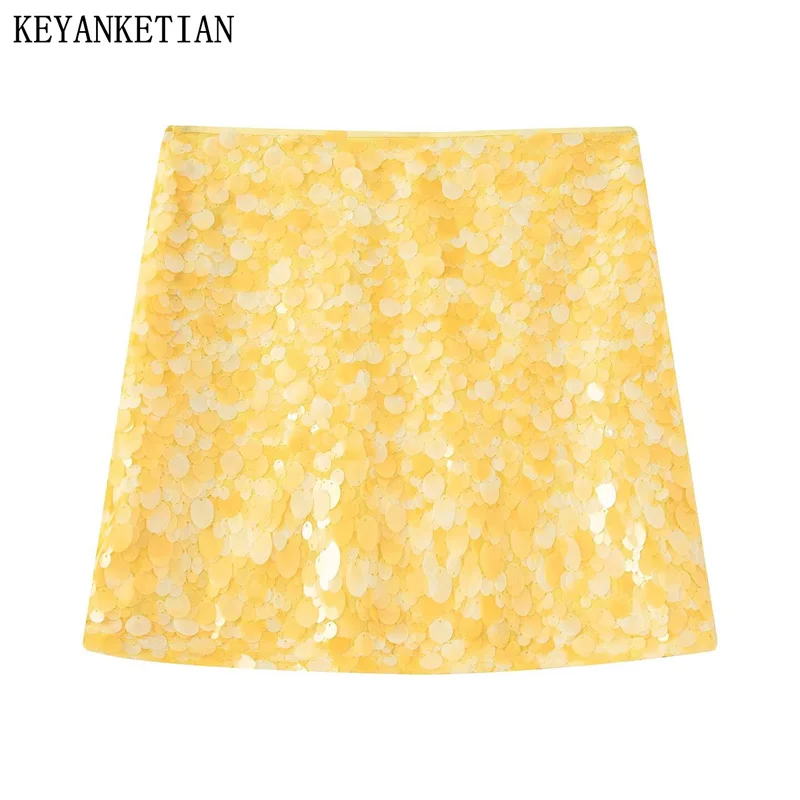 

KEYANKETIAN 2005, новая женская мини-юбка с блестками, модная сексуальная боковая молния, высокая талия, тонкая блестящая юбка трапециевидной формы