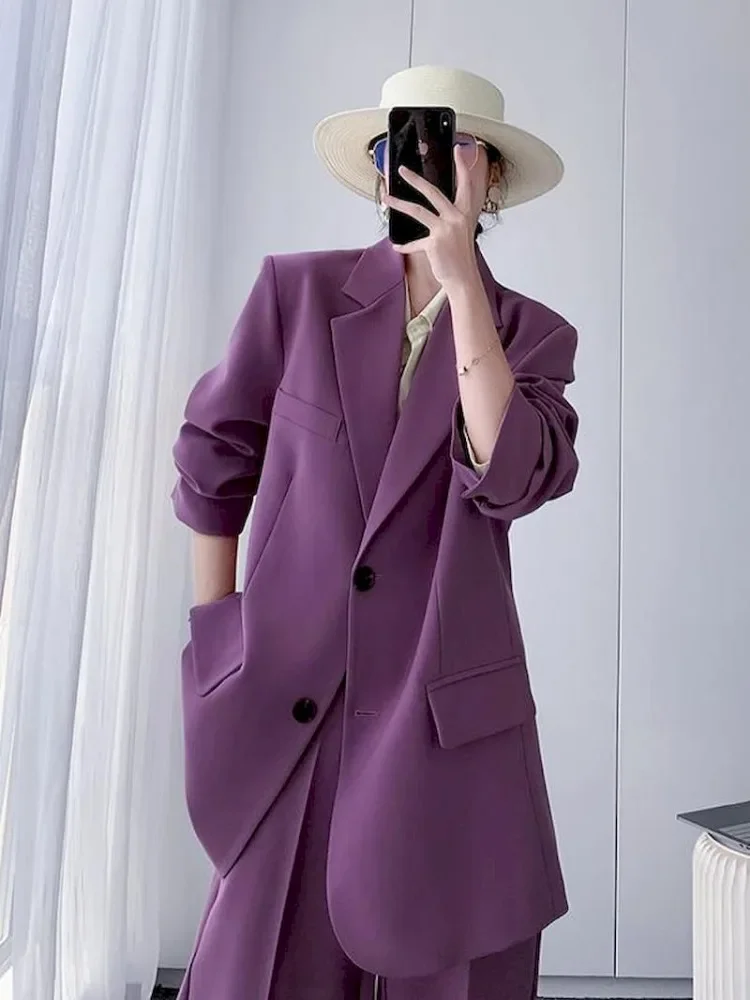 Insozkdg Purple Women Blazers Set 2023 Women\'s Office Suit Coat Vintage Long Sleeve Jacket Casual Female Tops + High Waist Pants