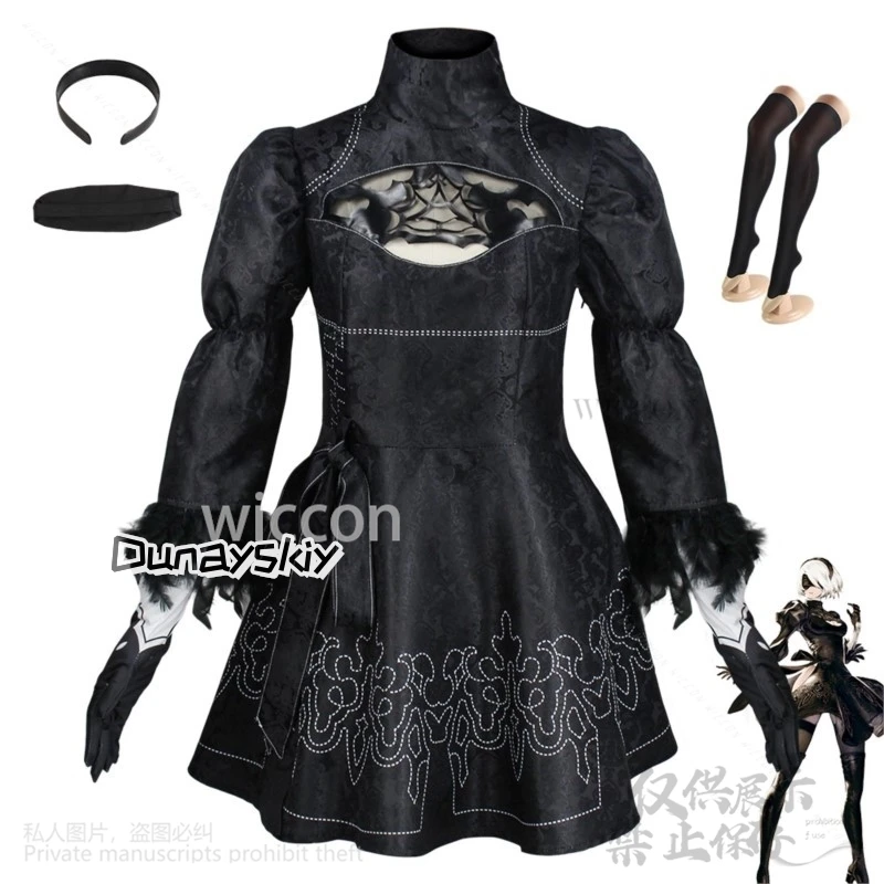 Nier Automata Anime Gioco Yorha 2B Cosplay Goth Costume Lolita Abito nero Parrucca per ragazze Halloween Festa di Natale Cos Personalizzato