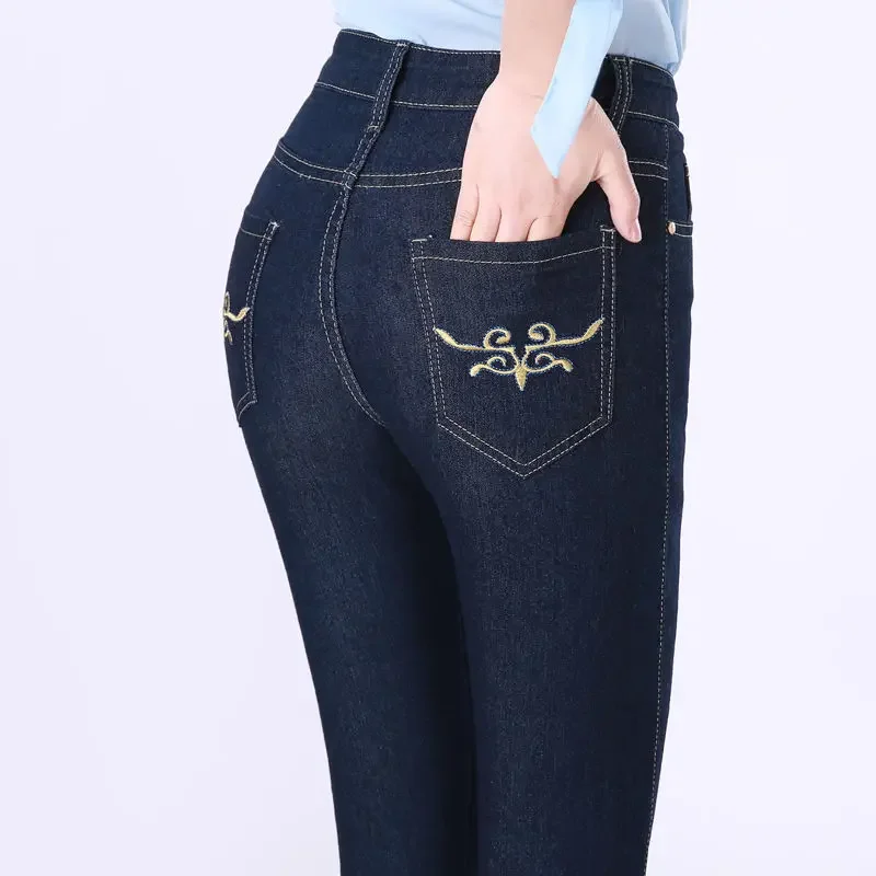 Casual High Waist Slim Straight Jeans Women Big Size 36 Skinny Vaqueros Mom 2024 Embroidered Denim Pants Vintage Cowboy Trousers