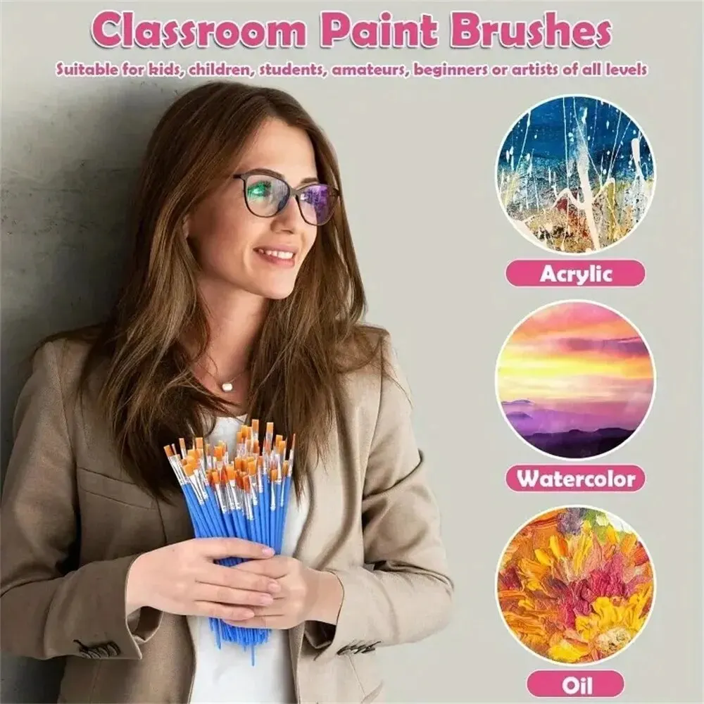 30pcs Small Fine Nylon Hair Detail Flat Paint Brush For Drawing Watercolor Brushes Paint Brushes Pen For Student Art Stationery