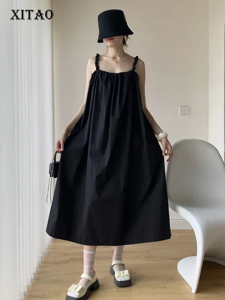 

XITAO Solid Casual Strap Dress Women Korea 2025 Summer New Arrival Personality Fashion Loose Sleeveless Mid-calf Dress DMJ1938
