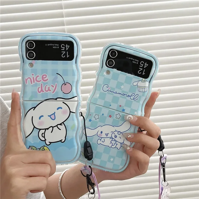 Cute Cartoon Cinnamoroll with Lanyard Phone Case for Samsung Galaxy Z Flip 3 4 Z Flip 5 6 5G PC Hard Anti-drop Back Cover Funda