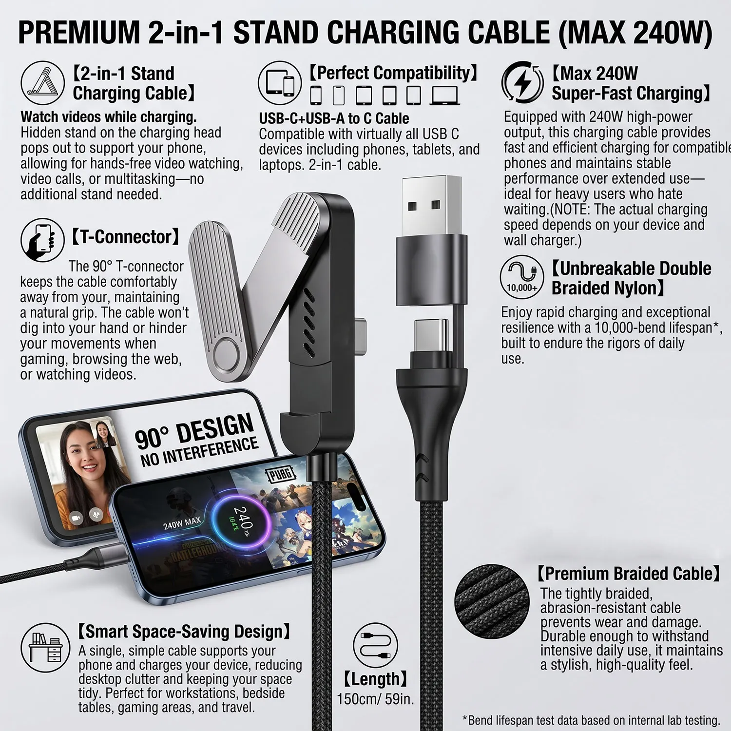 Foldable Charging Cable USB PD With Integrated Stand Fast Charging Cable Phone Tablet 240W Ultra-Fast Data Cable Phone Holder