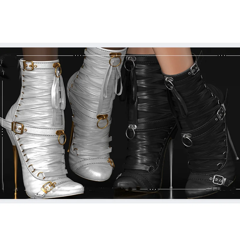 

Black Lace Up Mid Calf Buckle Boots Thin High Heel Pointed Toe Fashion Sexy 2024 Winter Big Size Woman Shoes Zapatillas Mujer