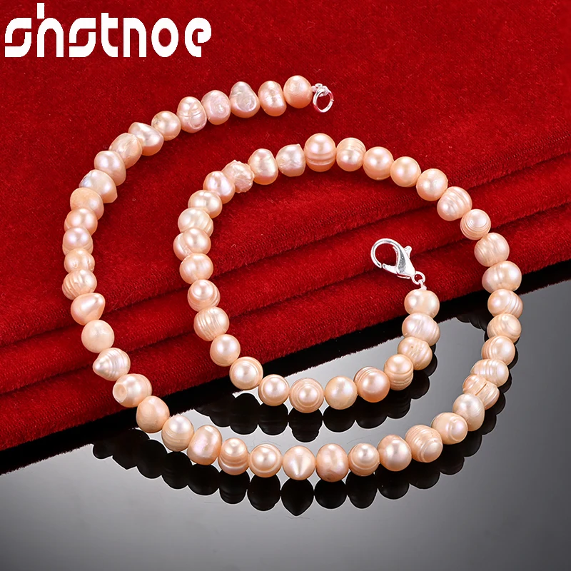 SHSTONE 925 Sterling Silver 16-20 Inch String Chain Pink White Purple Pearls Necklace For Women Wedding Party Fashion Jewelry