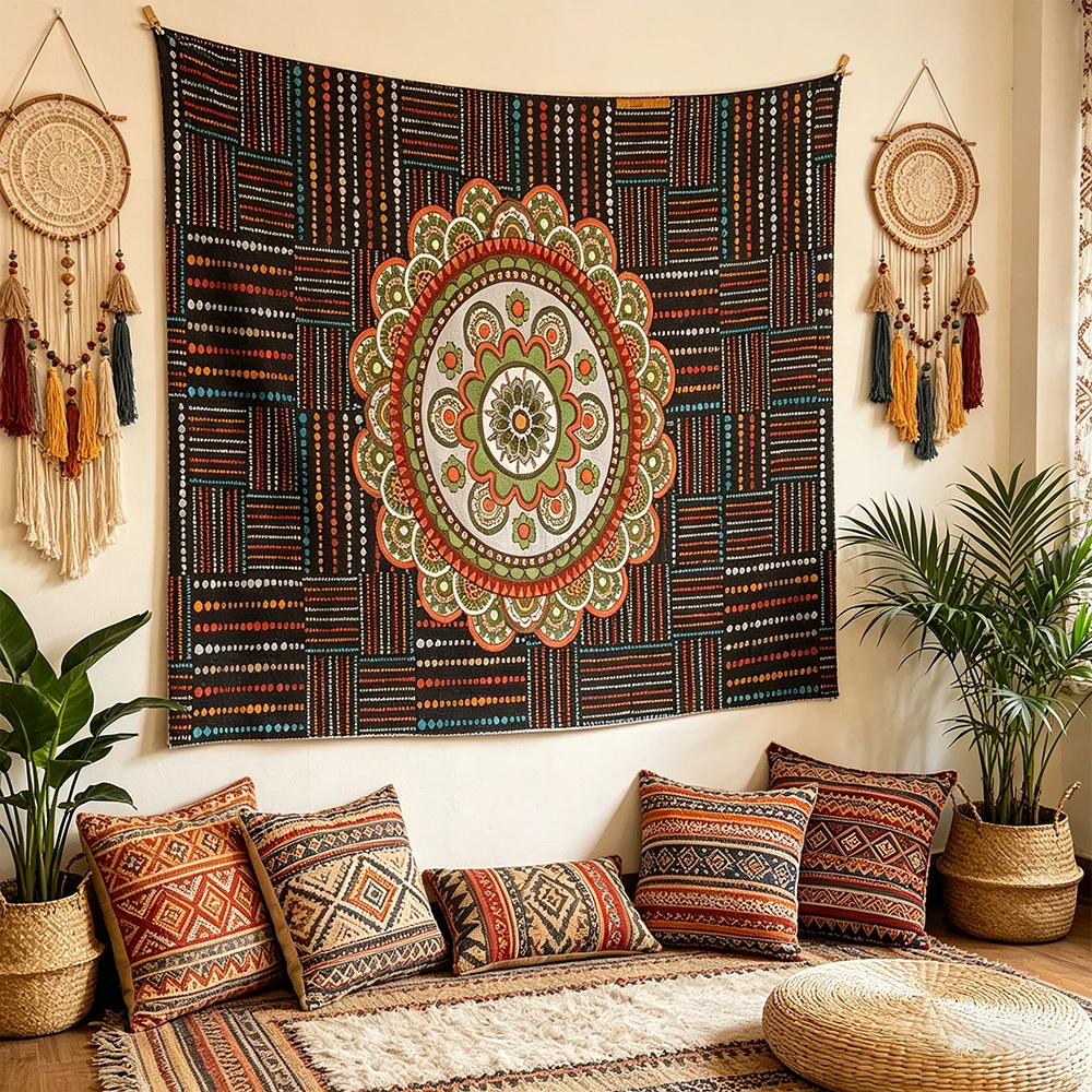 Vintage Azteken Tribal Mandala Wandteppich, Bunter Ethnischer Geometrischer Boho-Wandbehang, Retro Hippie Kunst Wanddekoration