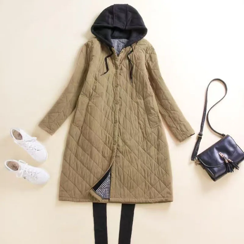

Quilted Coats Lightweight Cotton Added Jackets for Women Long Sleeved Knee-length Hooded Casual Vintage Winter Women Clothing